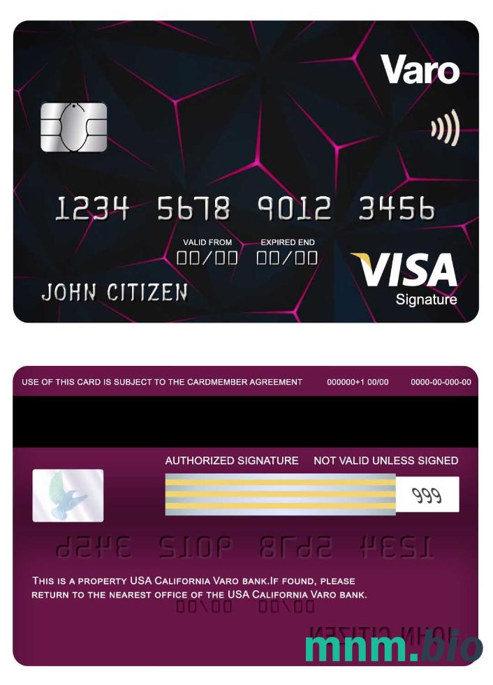 USA California Varo bank visa podpis karta przykład w formacie PSD